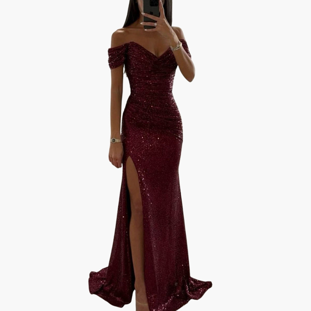 Women's Off-Shoulder Sequin Maxi Dress - Evening Glam