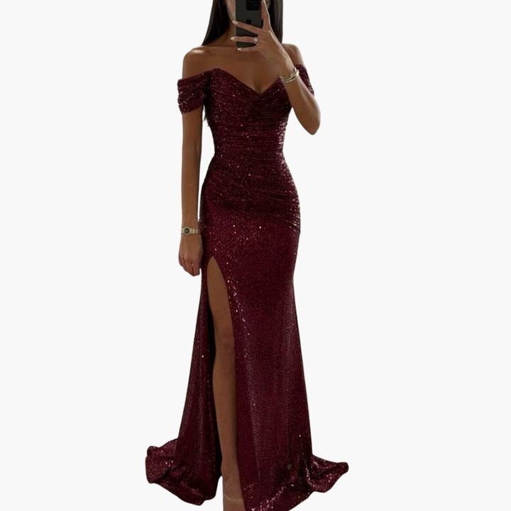 Women's Off-Shoulder Sequin Maxi Dress - Evening Glam
