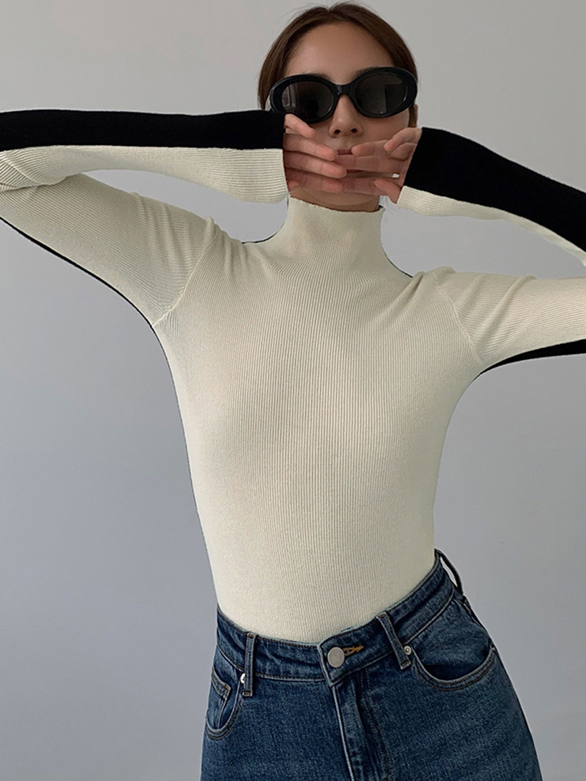 Women's Long Sleeve Two Tone Double Sided Knit Top