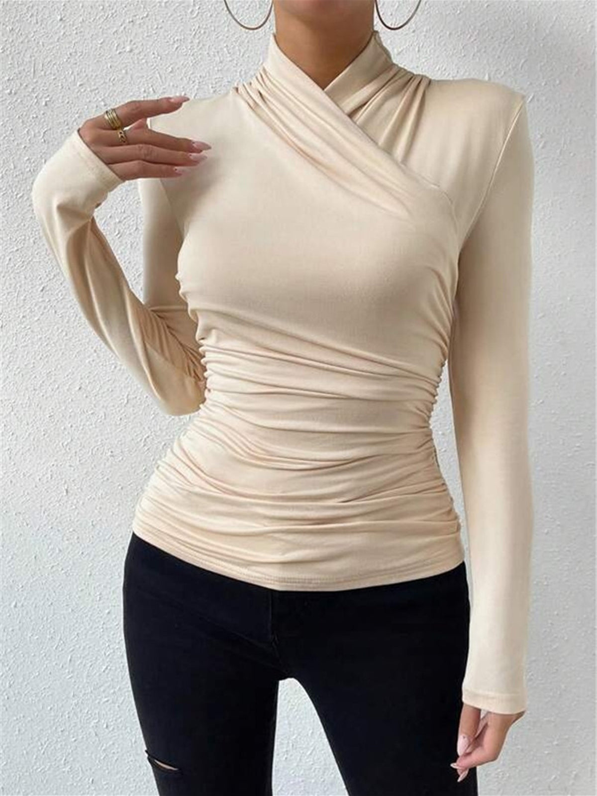 Women's Pleated Cinched Cross-Over Collar T-Shirt