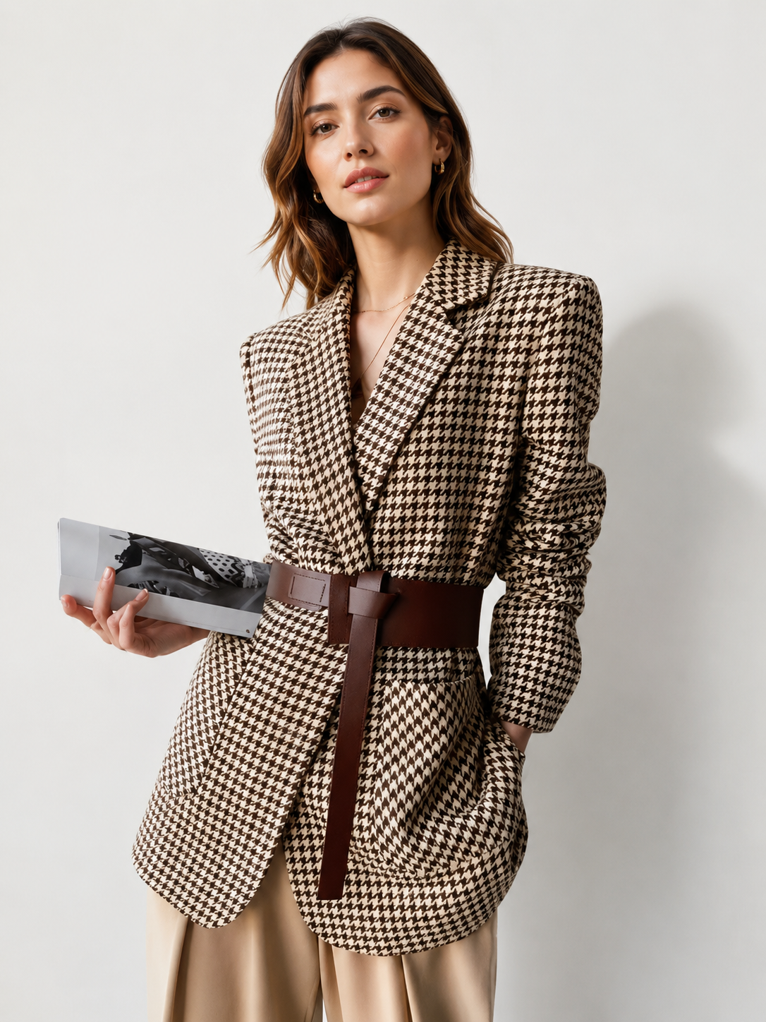 Women's Houndstooth Split Blazer with Belt