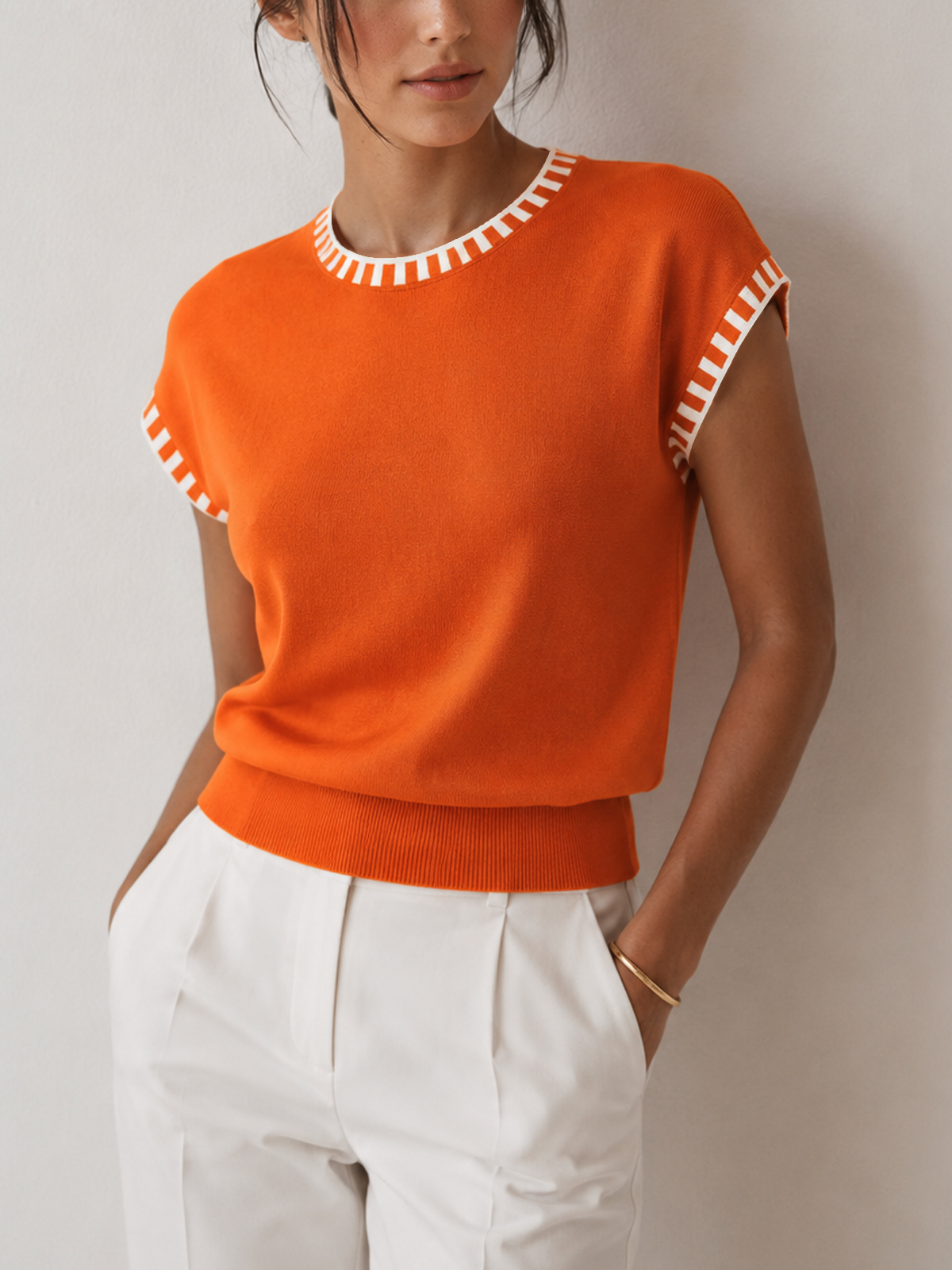 Women's Cap Sleeve Contrast Trim Knit Top