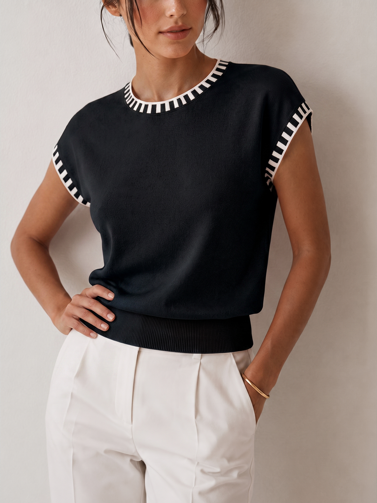 Women's Cap Sleeve Contrast Trim Knit Top