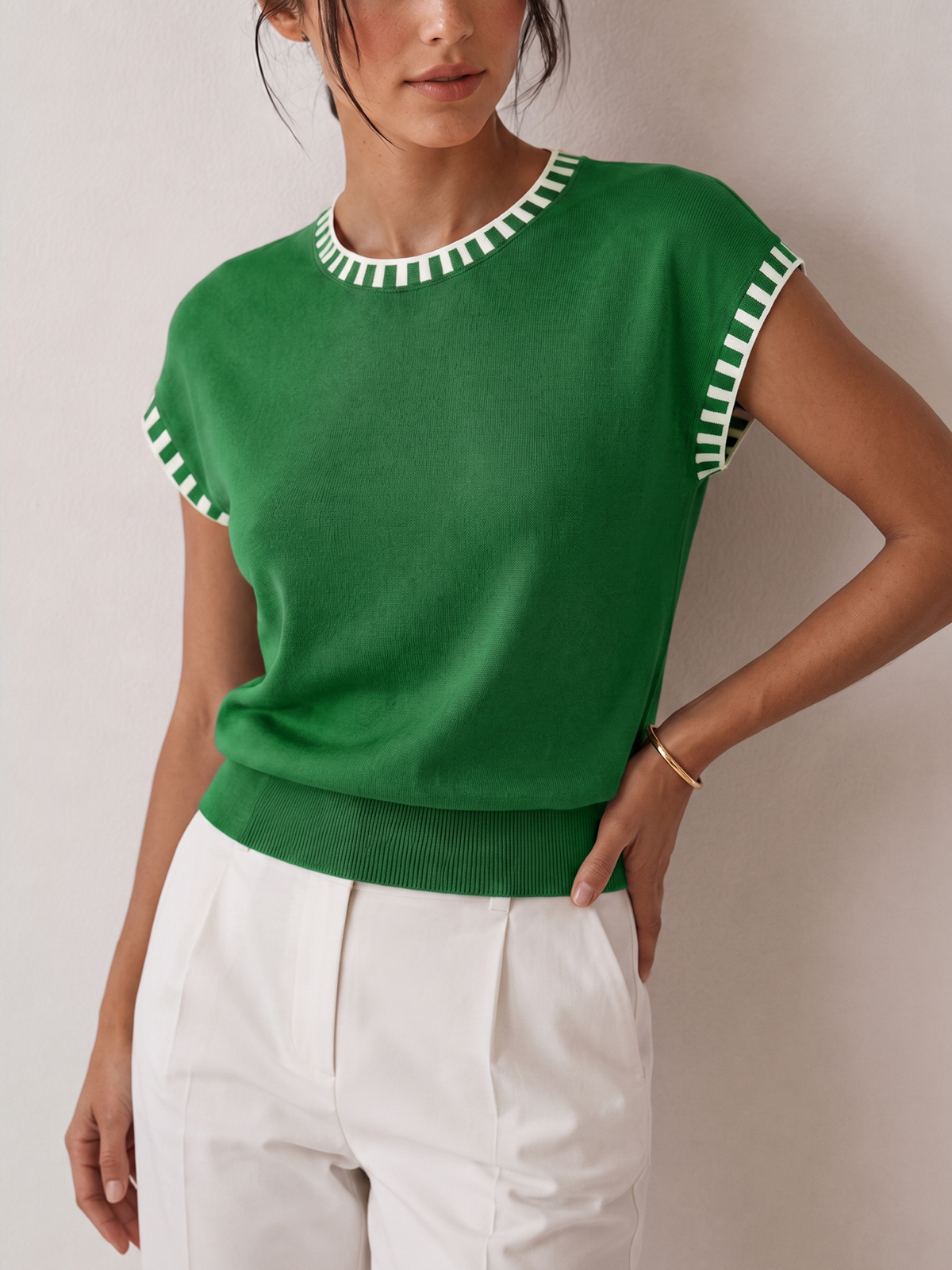 Women's Cap Sleeve Contrast Trim Knit Top