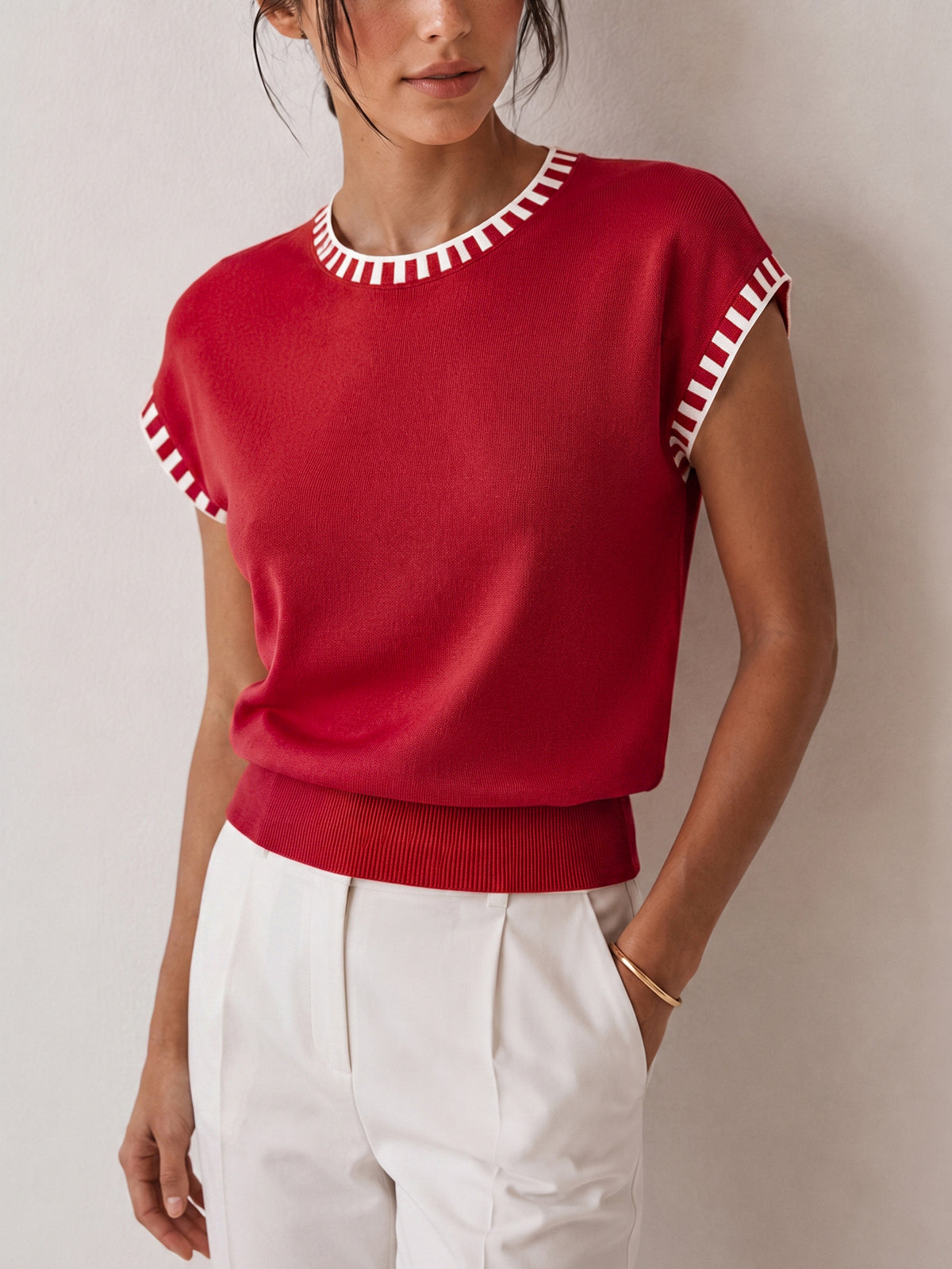 Women's Cap Sleeve Contrast Trim Knit Top