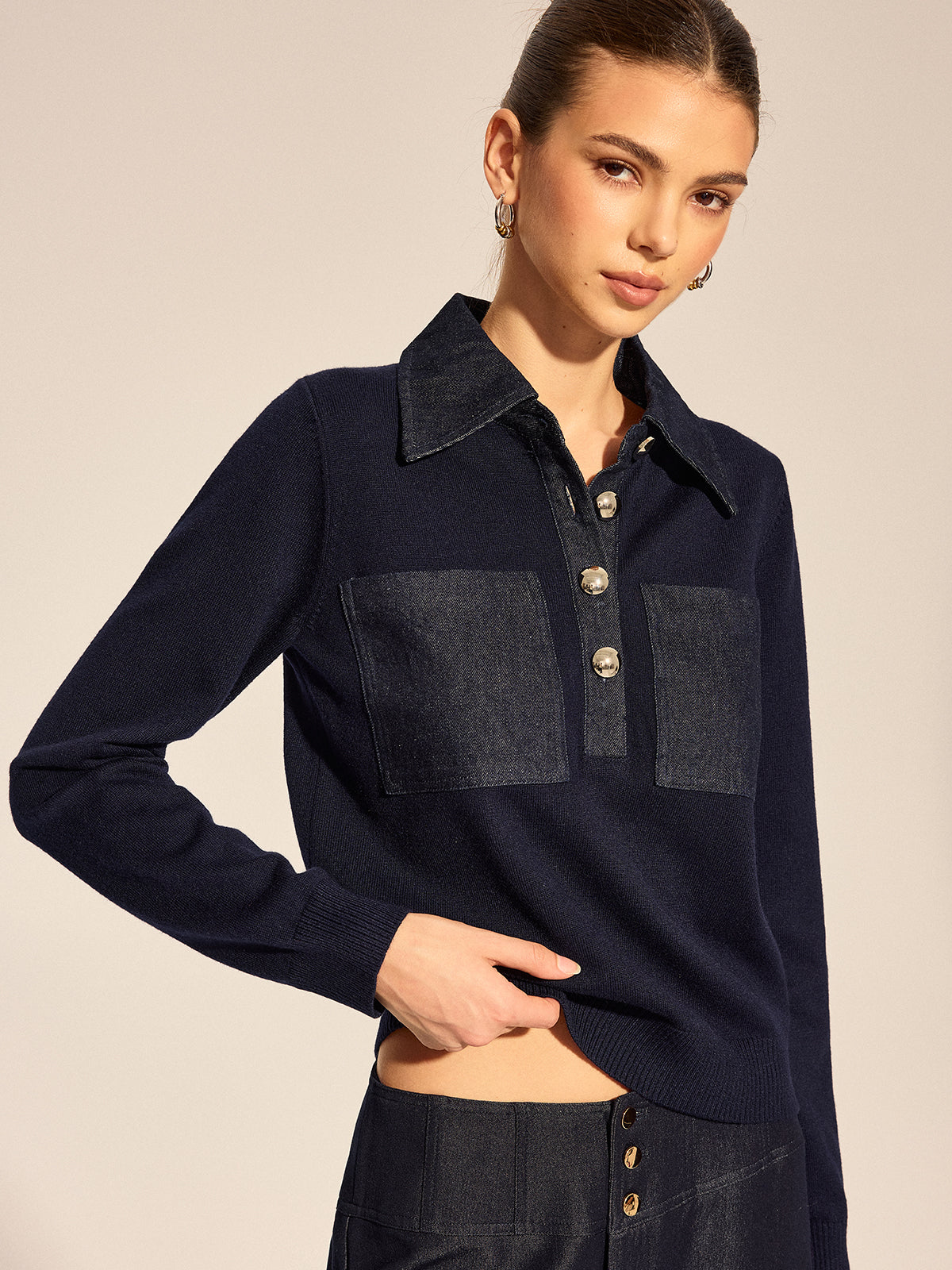 Women's Long Sleeve Denim Patch Collared Knit Top