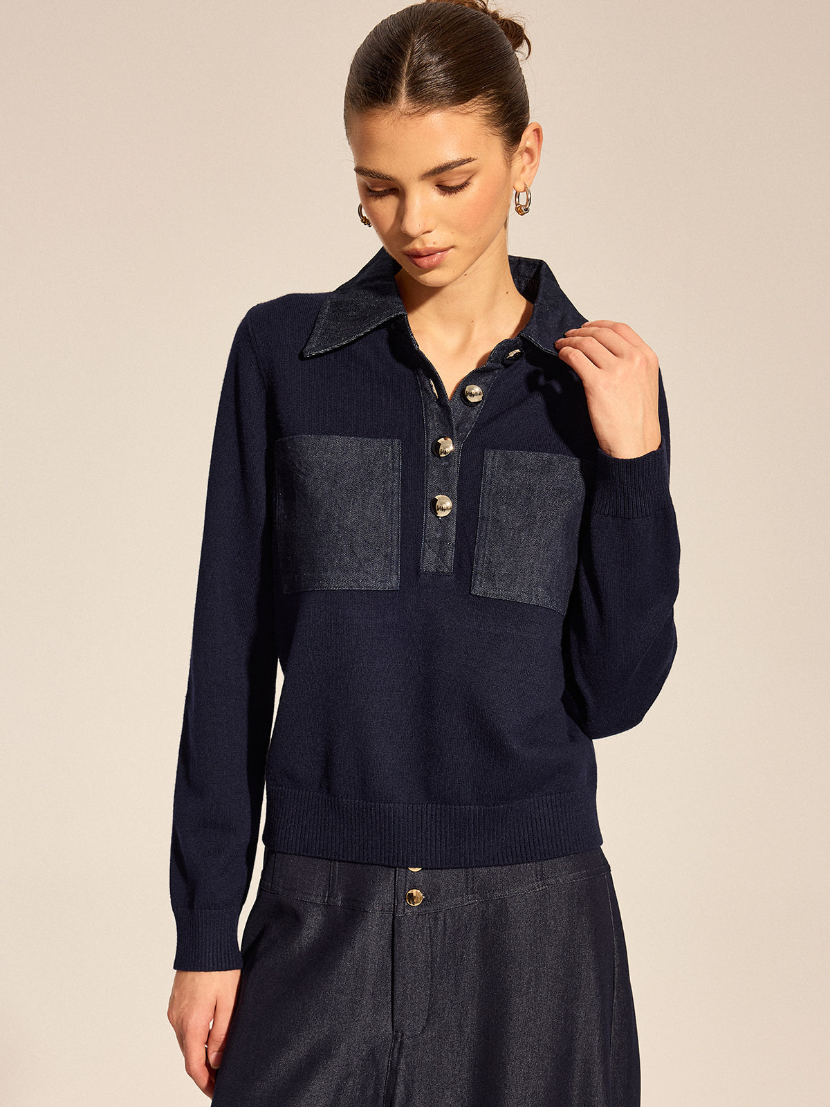 Women's Long Sleeve Denim Patch Collared Knit Top