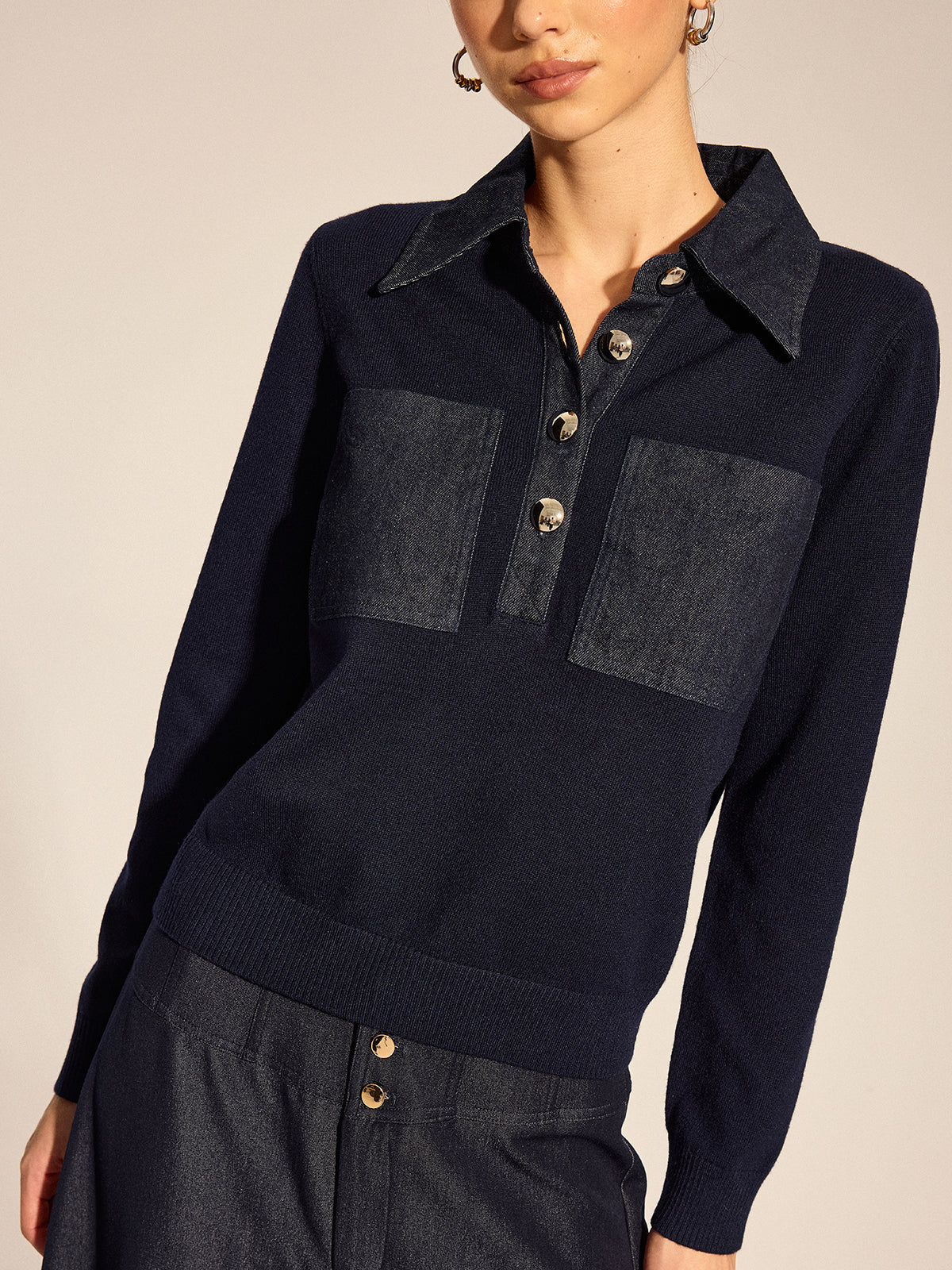 Women's Long Sleeve Denim Patch Collared Knit Top