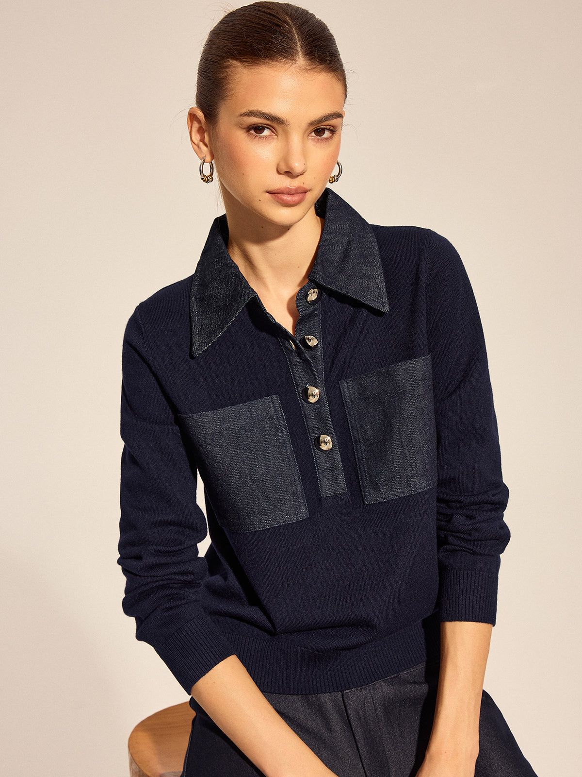 Women's Long Sleeve Denim Patch Collared Knit Top
