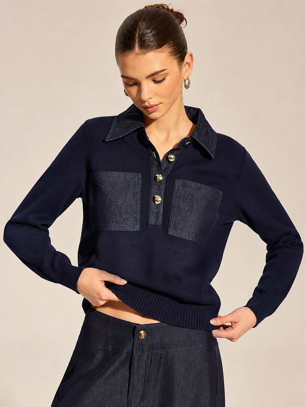 Women's Long Sleeve Denim Patch Collared Knit Top