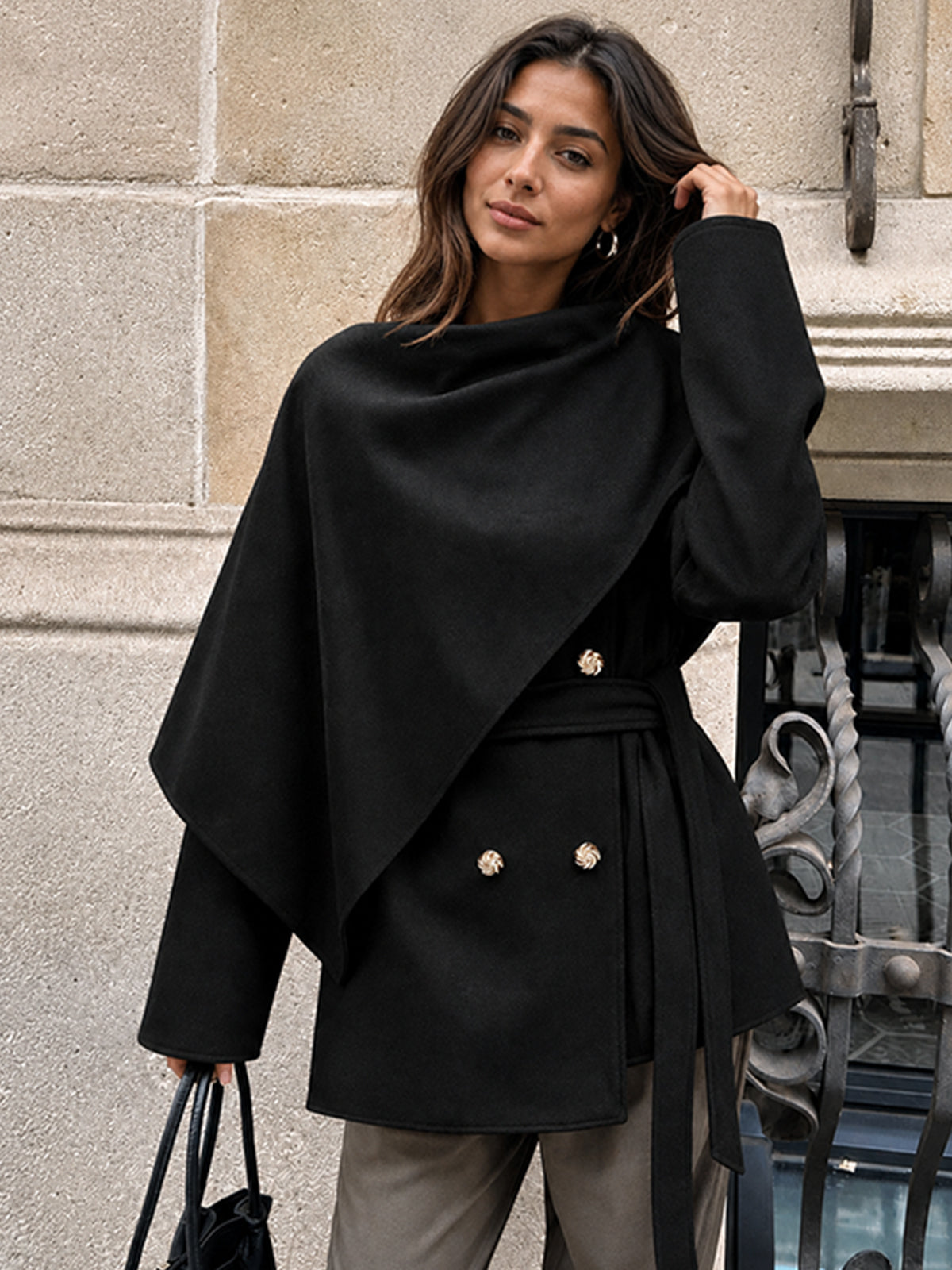 Women's Double-Breasted 2-Way Belted Wool-Touch Coat