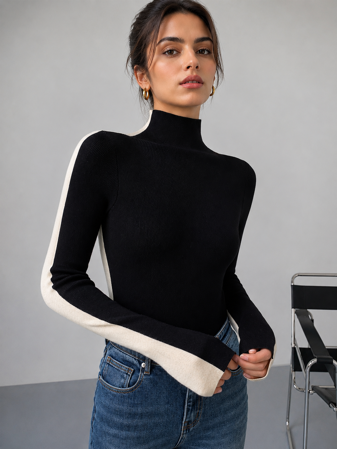 Women's Long Sleeve Two Tone Double Sided Knit Top