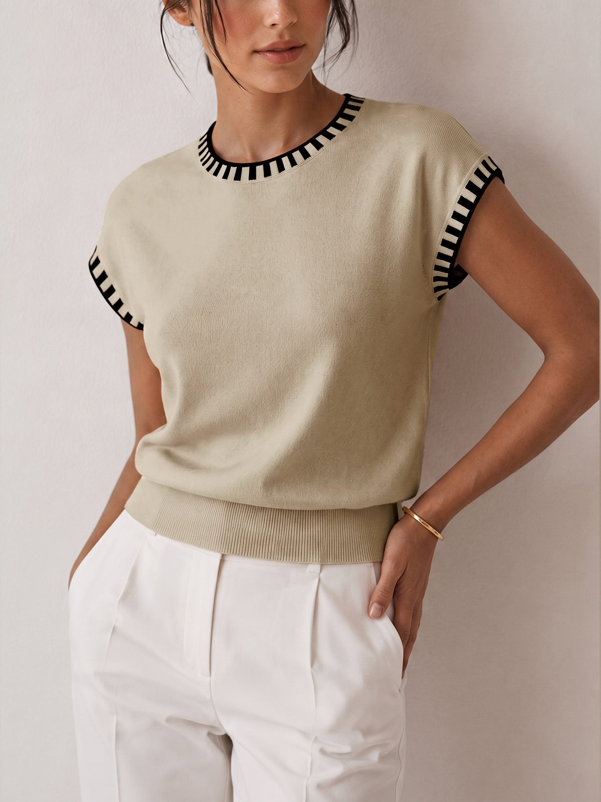 Women's Cap Sleeve Contrast Trim Knit Top