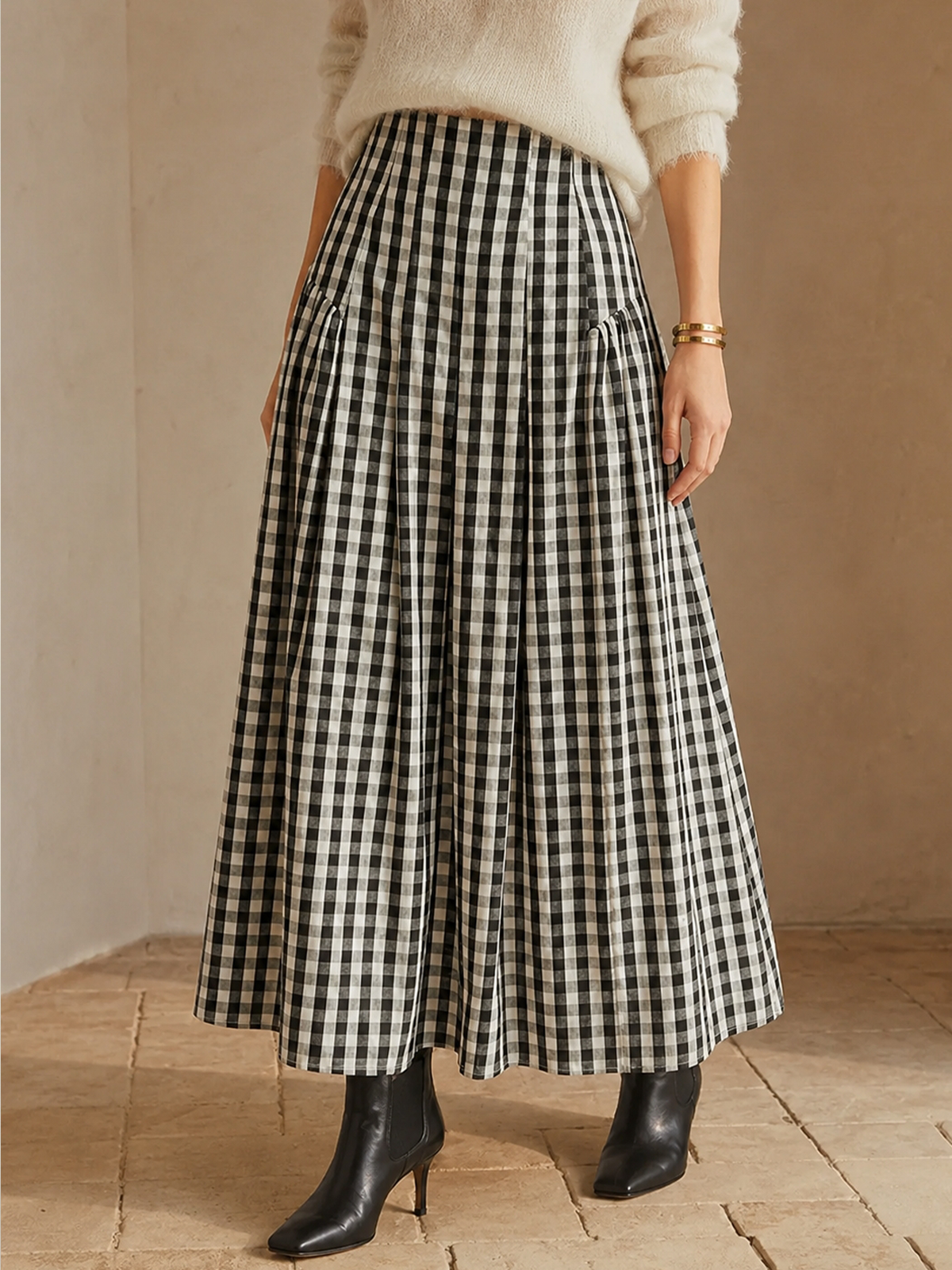 Women's High-Waisted Gingham Pleated Midi Skirt