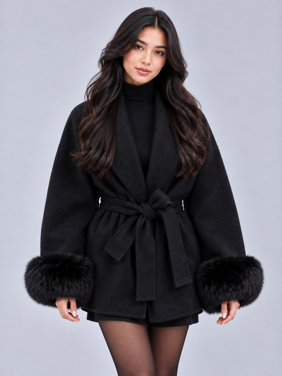 Women's Belted Faux Fur Cuff Coat