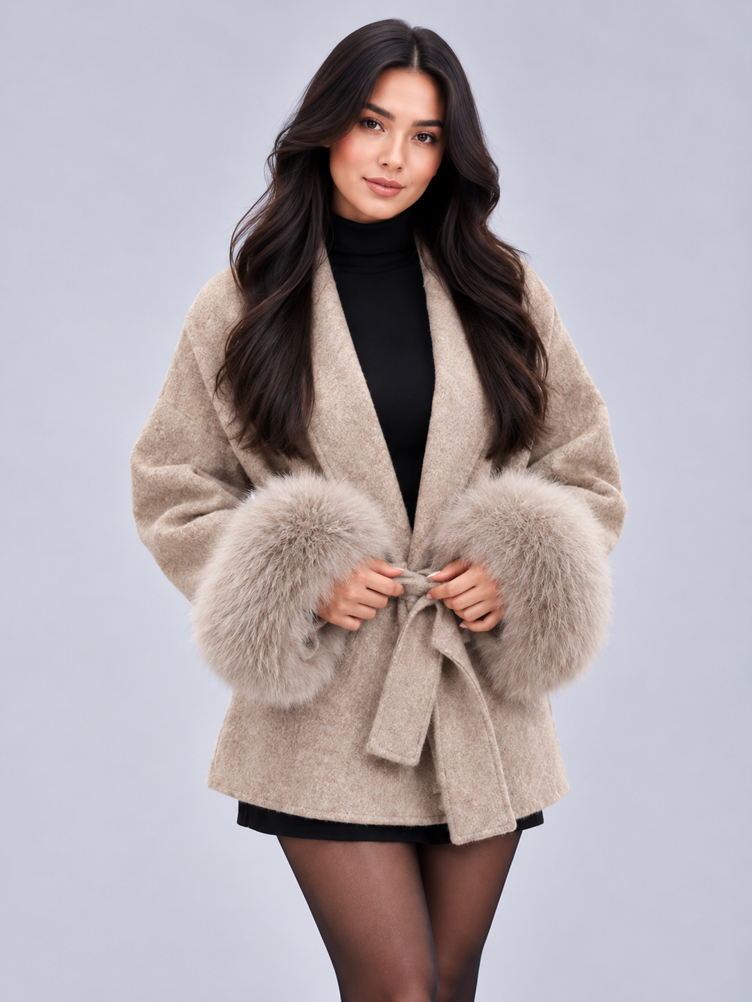 Women's Belted Faux Fur Cuff Coat