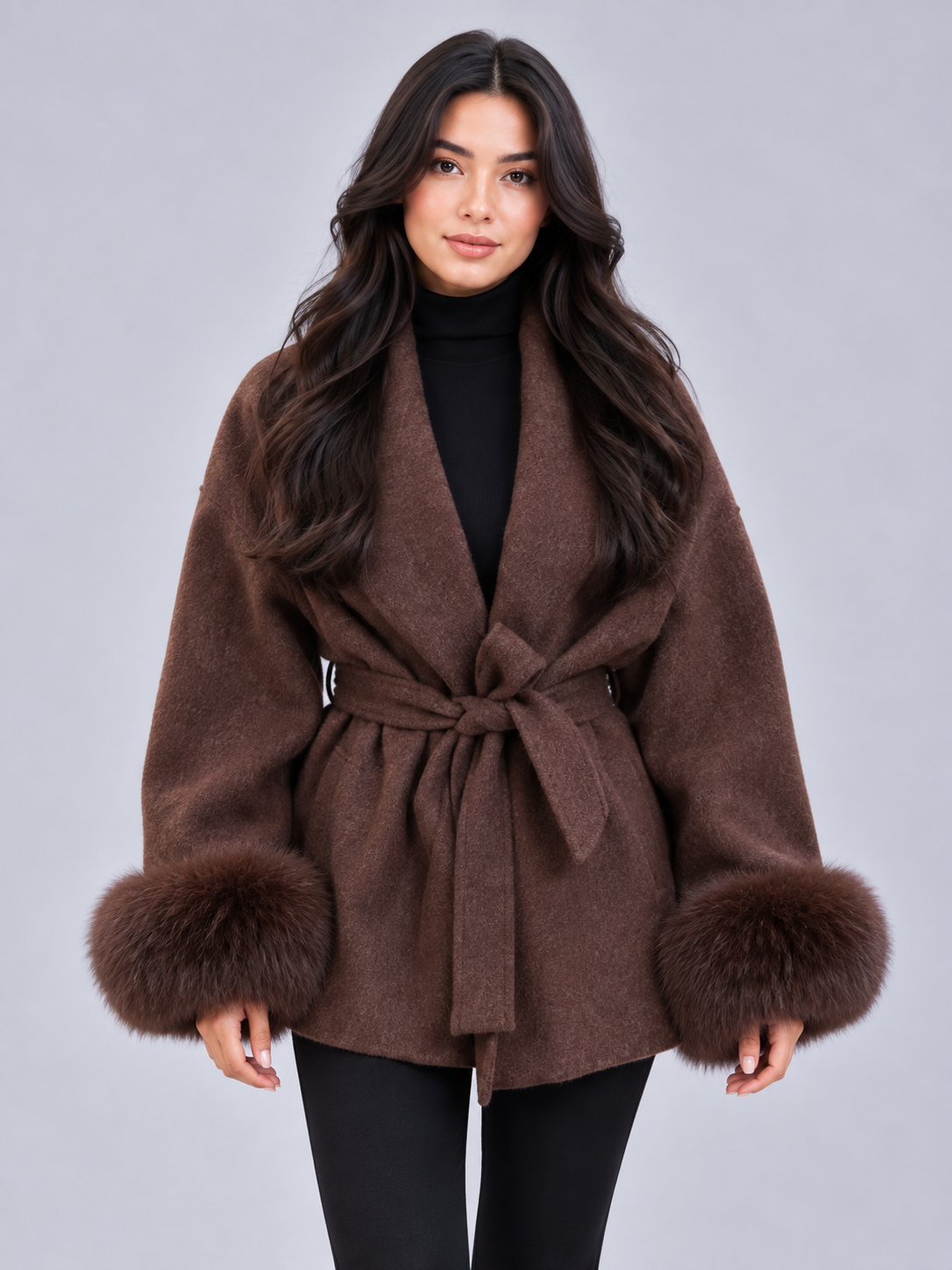 Women's Belted Faux Fur Cuff Coat