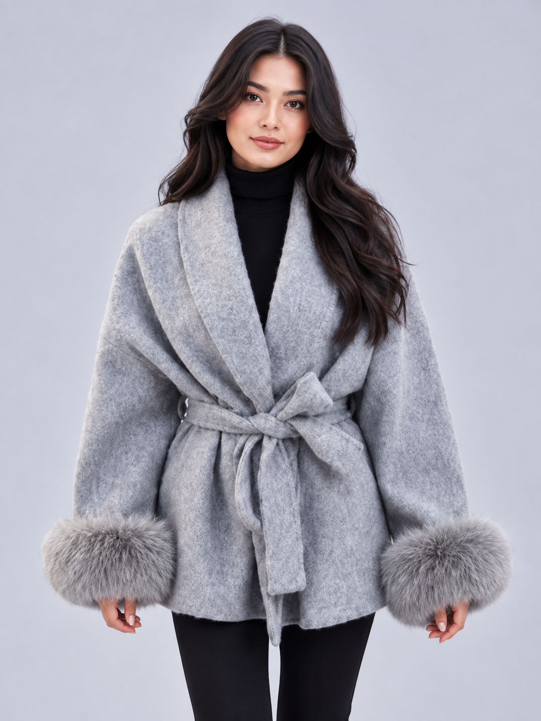 Women's Belted Faux Fur Cuff Coat