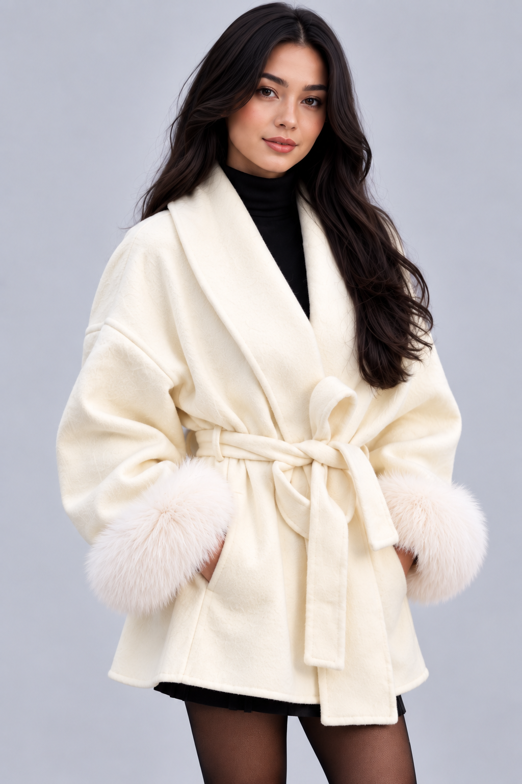 Women's Belted Faux Fur Cuff Coat