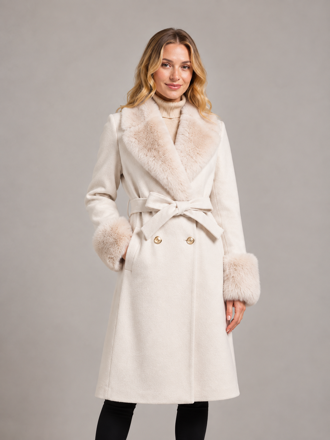 Women's Winter Coat with Fur Trim and Belt
