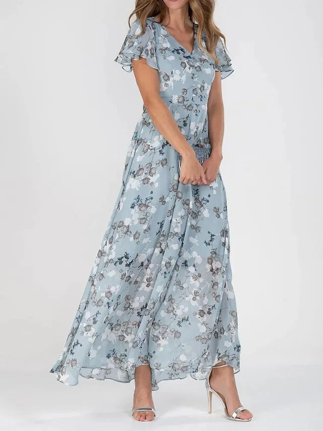 Women's Floral Chiffon Midi Dress - Summer Casual