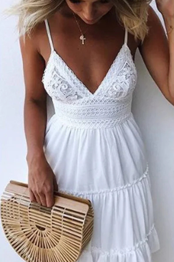 Women's Lace White Midi Dress - Summer Casual