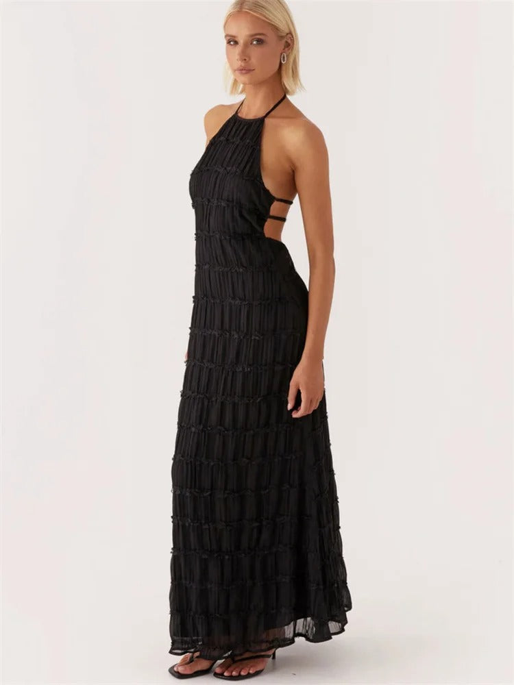 Women's Halter Neck Chiffon Maxi Dress - Summer Evening