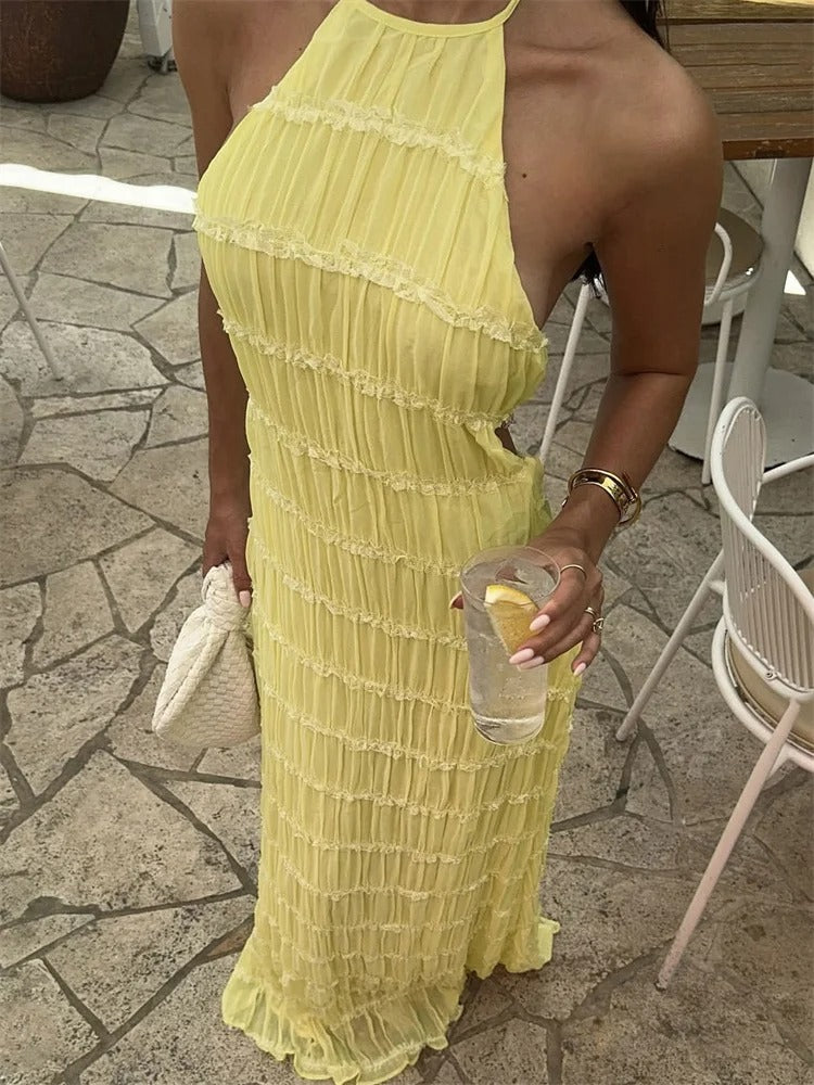 Women's Halter Neck Chiffon Maxi Dress - Summer Evening
