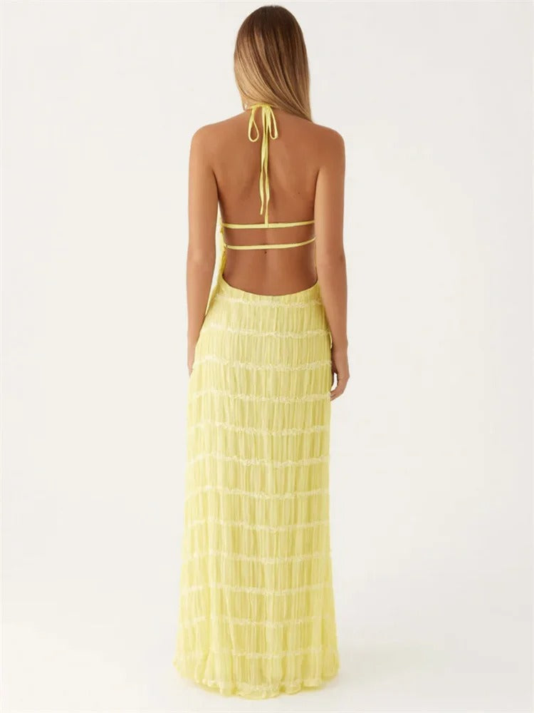 Women's Halter Neck Chiffon Maxi Dress - Summer Evening