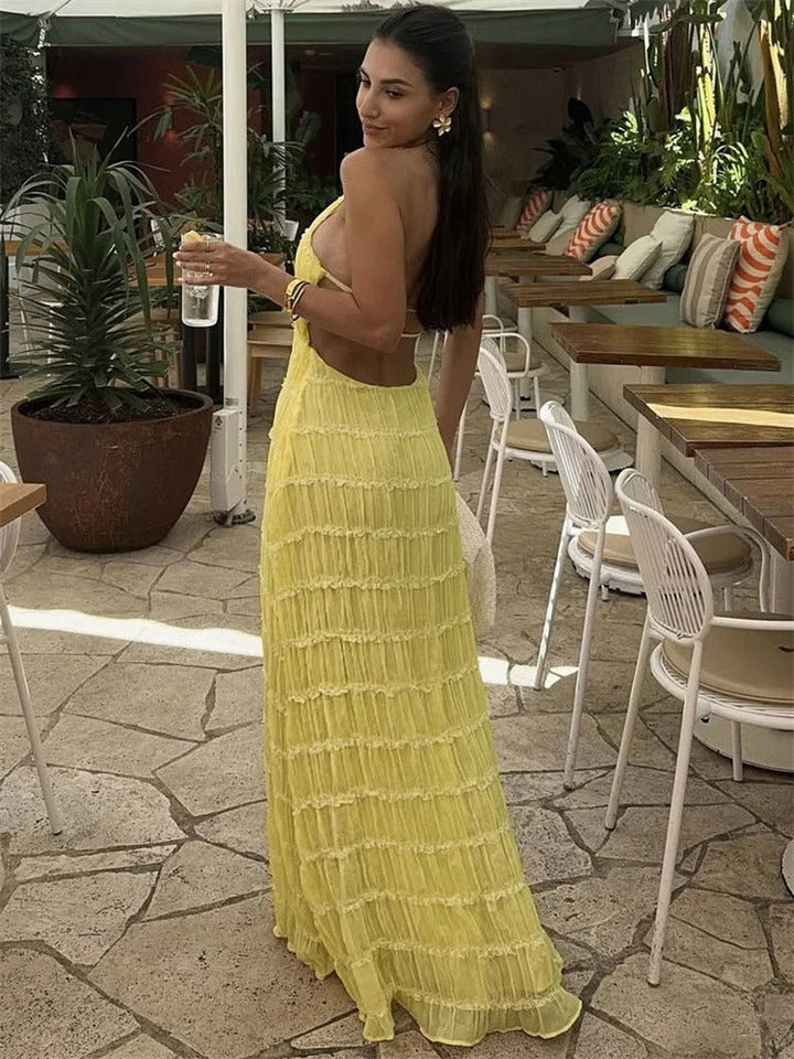Women's Halter Neck Chiffon Maxi Dress - Summer Evening