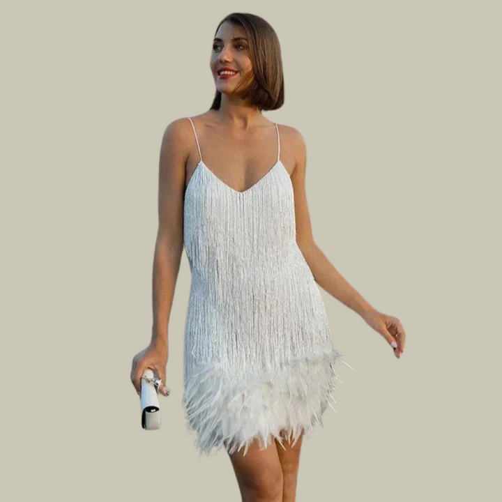 Women's Feather-Trim Mini Dress - Statement Evening