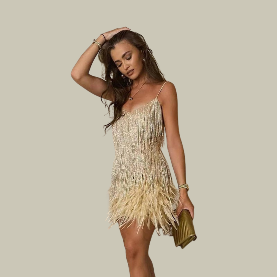 Women's Feather-Trim Mini Dress - Statement Evening