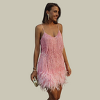 Women's Feather-Trim Mini Dress - Statement Evening