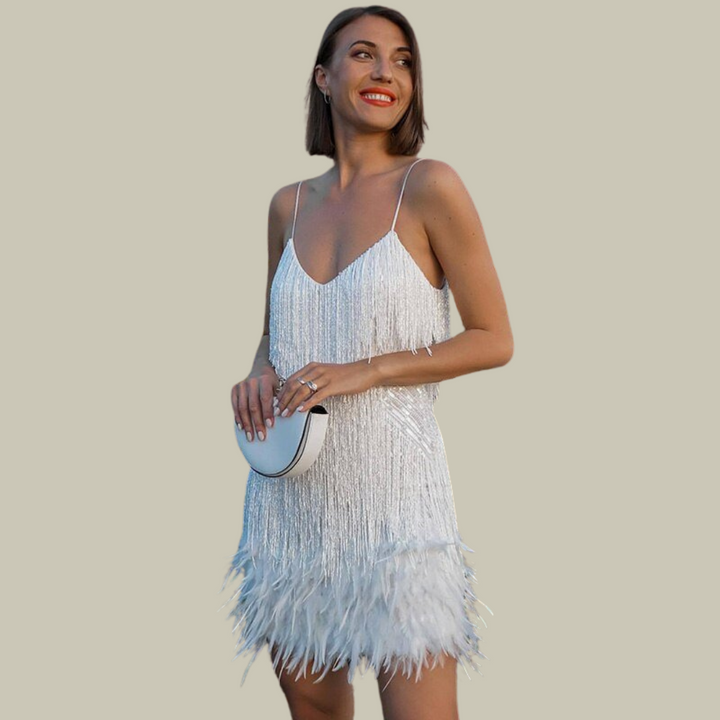 Women's Feather-Trim Mini Dress - Statement Evening