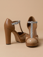 Women's Glitter T-Strap Block Heels - Summer Casual