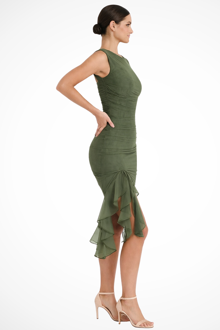 Women's Ruched Mesh Midi Dress - Summer Casual with Ruffle Slit
