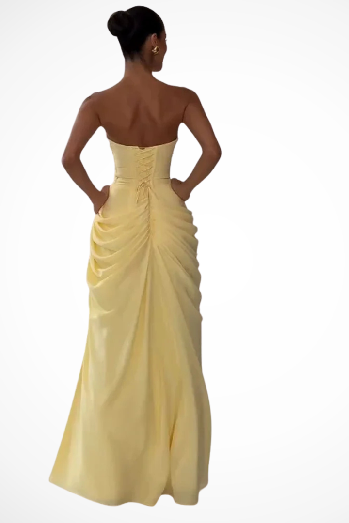 Women's Strapless Ruched Chiffon Maxi Dress - Summer Wedding Guest