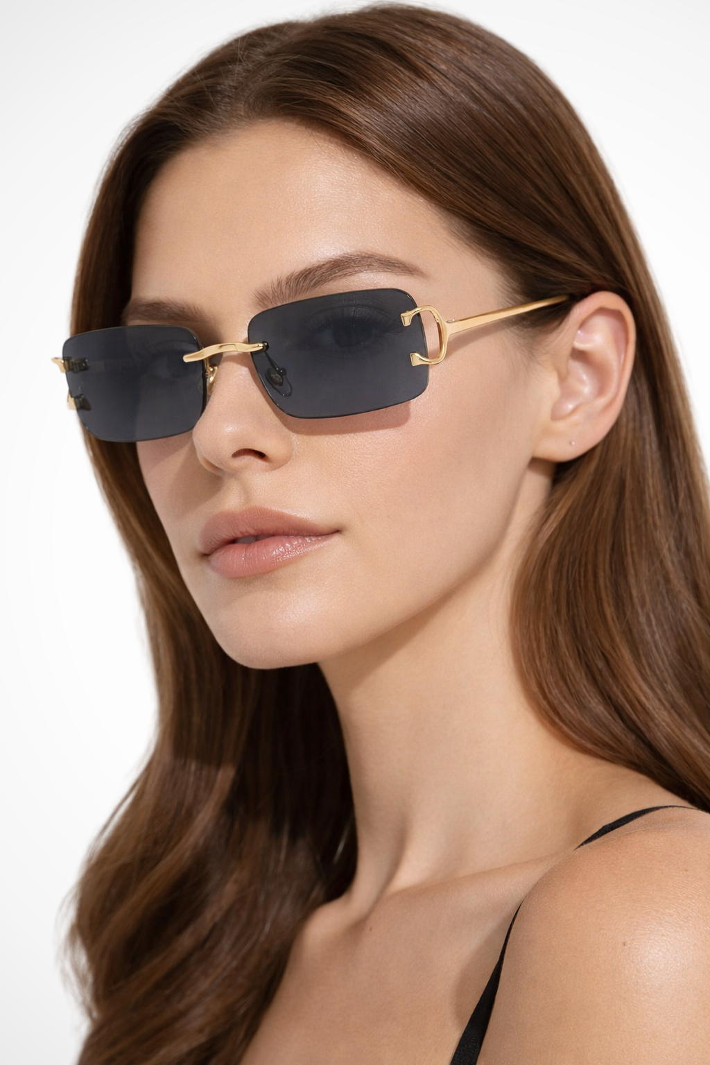 Women's Rimless Rectangle Tinted Gold Frame Sunglasses - Summer Fashion