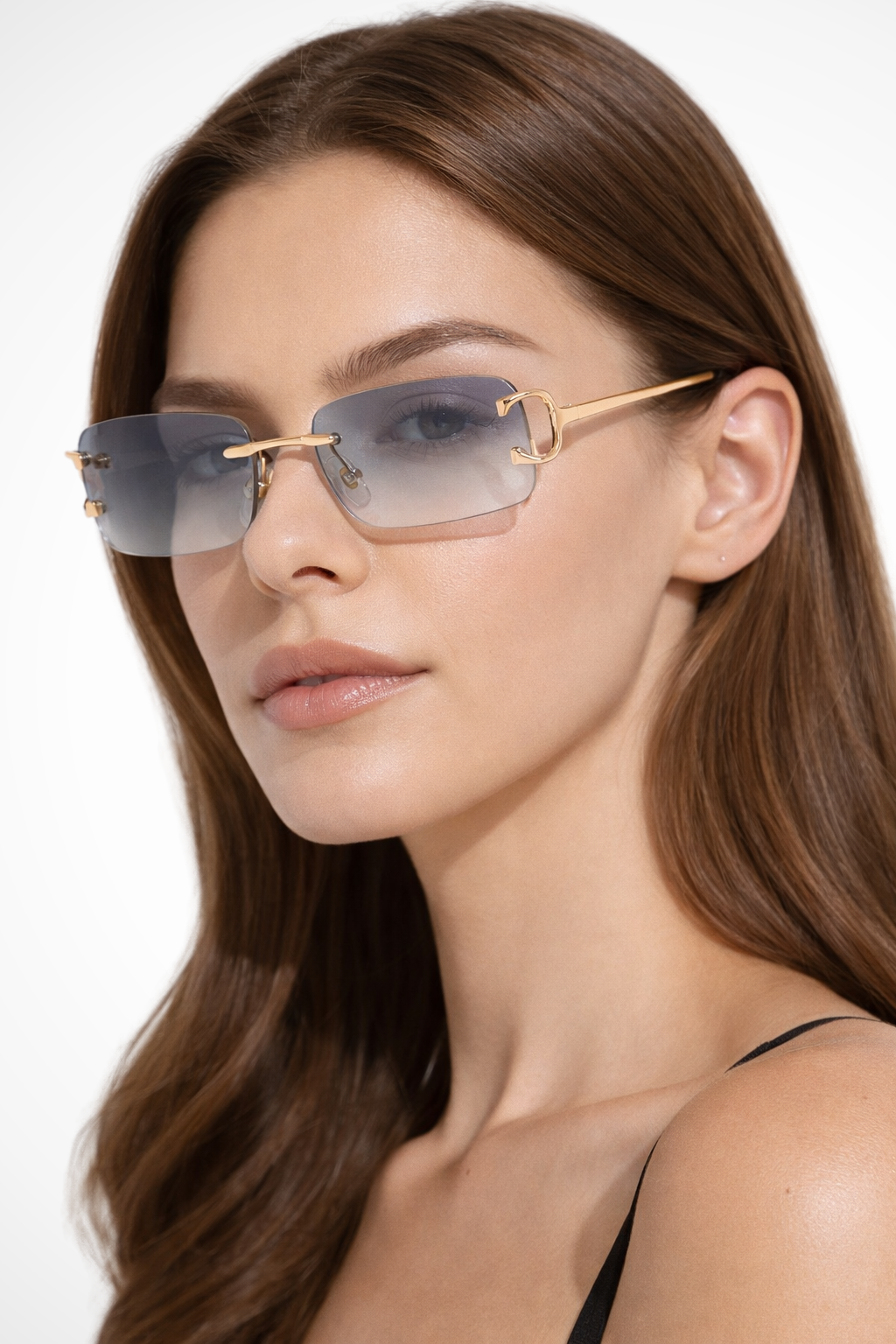 Women's Rimless Rectangle Tinted Gold Frame Sunglasses - Summer Fashion