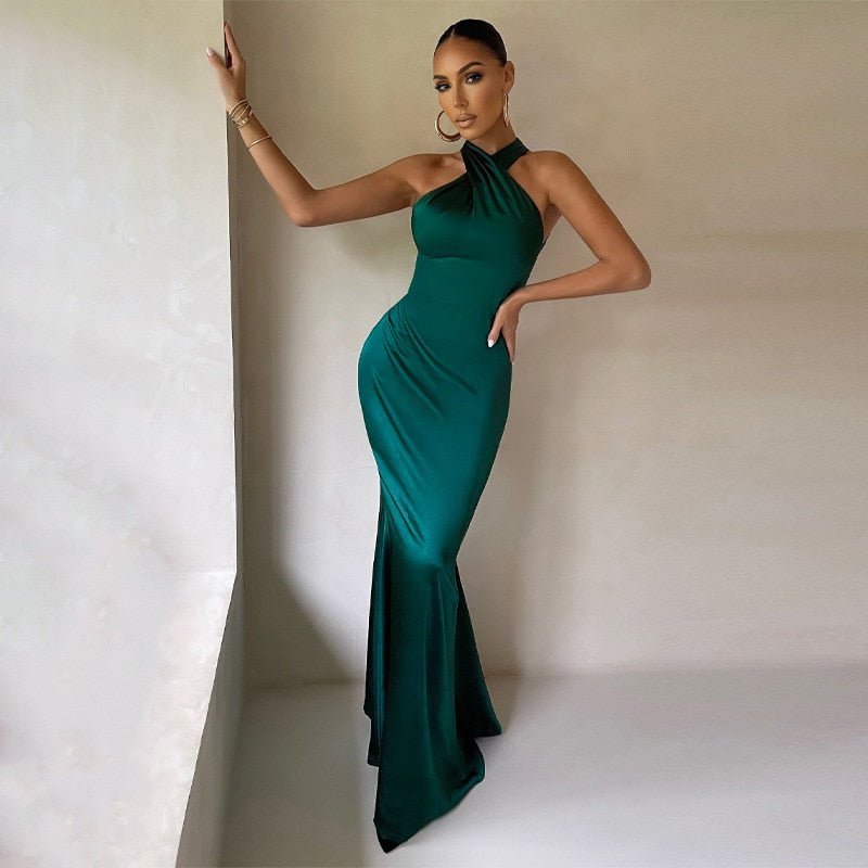 Women's Halter Neck Chiffon Maxi Dress - Evening Occasion