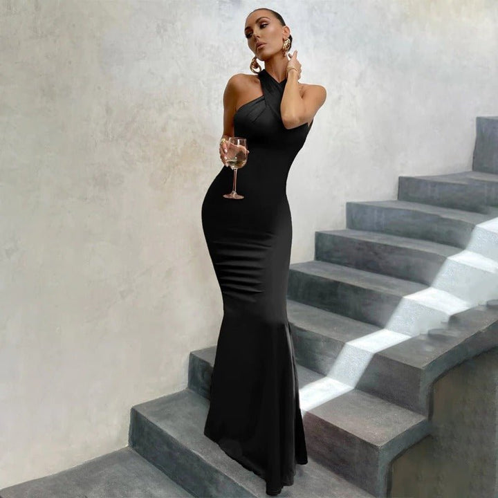 Women's Halter Neck Chiffon Maxi Dress - Evening Occasion