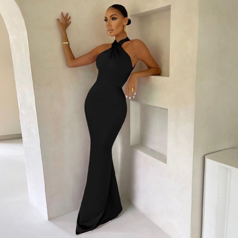 Women's Halter Neck Chiffon Maxi Dress - Evening Occasion