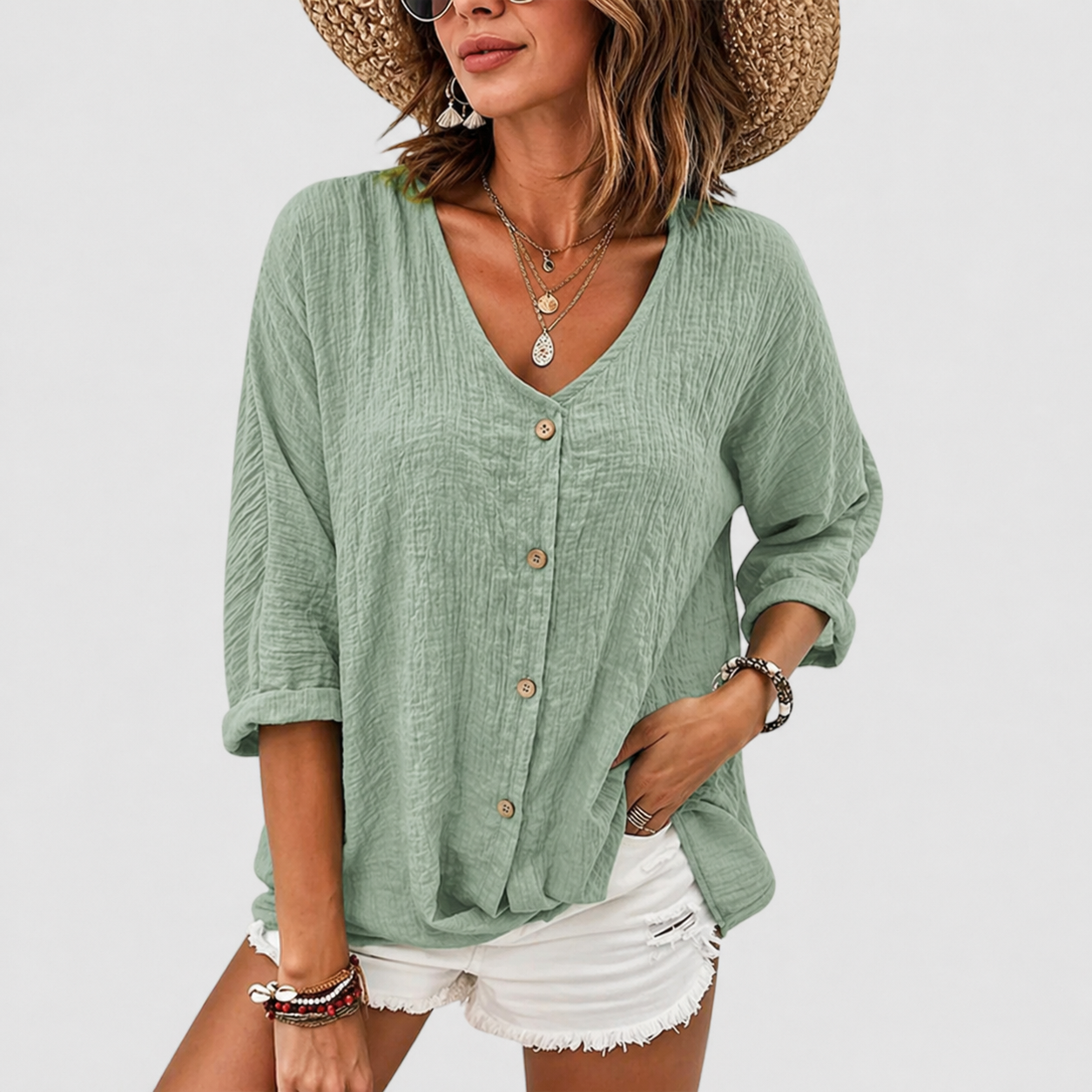 Kelly | Women's V-Neck Linen Blouse, Casual
