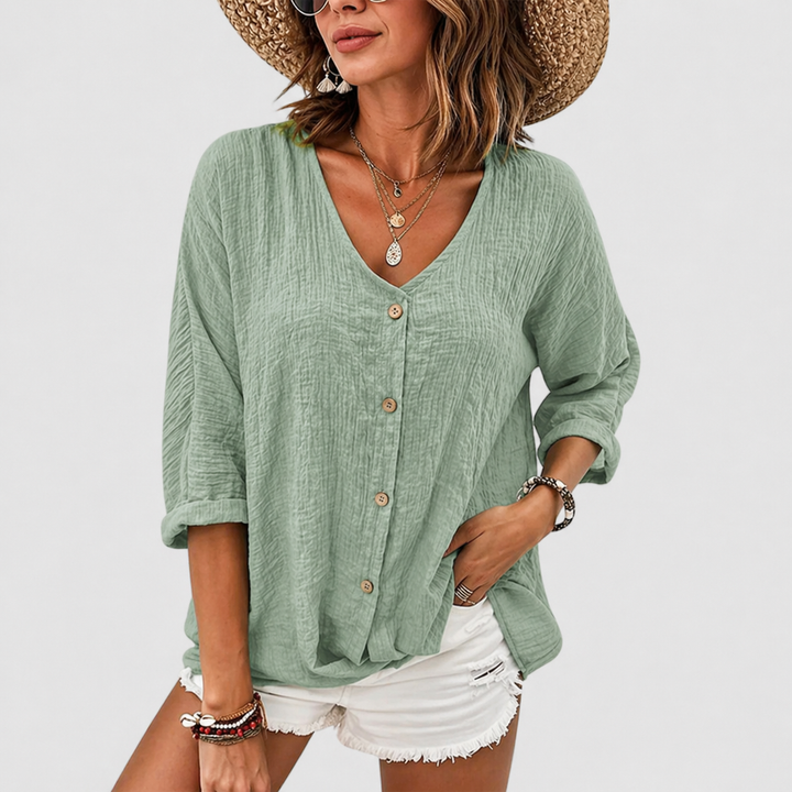 Kelly | Women's V-Neck Linen Blouse, Casual