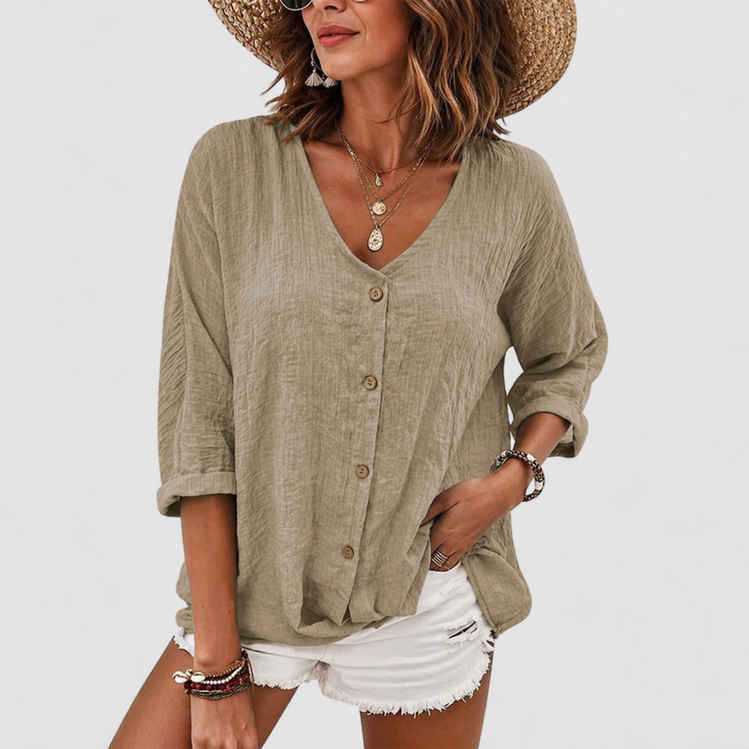 Kelly | Women's V-Neck Linen Blouse, Casual