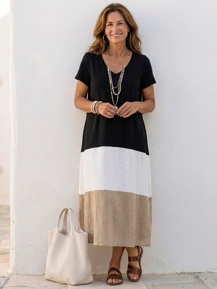 Victoria | Women's Color Block V-Neck Midi Dress, Casual