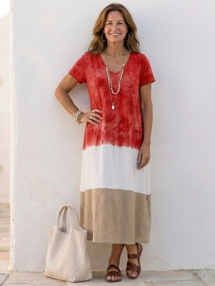 Victoria | Women's Color Block V-Neck Midi Dress, Casual