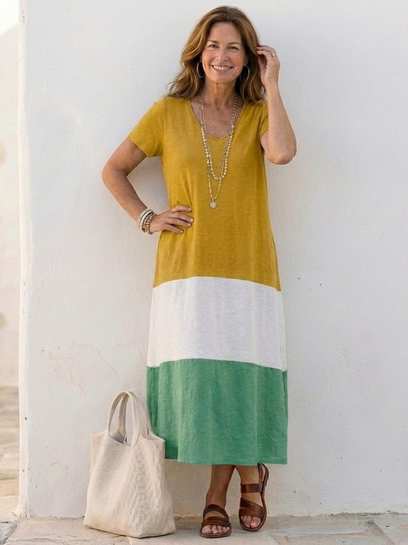 Victoria | Women's Color Block V-Neck Midi Dress, Casual