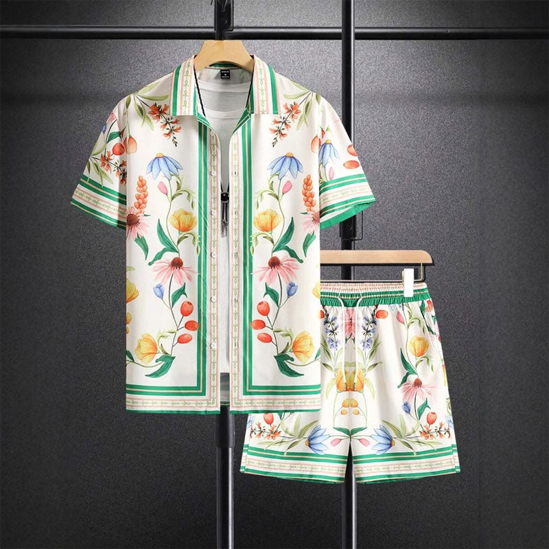 Men's Floral Print Cotton Shirt and Shorts Set - Summer