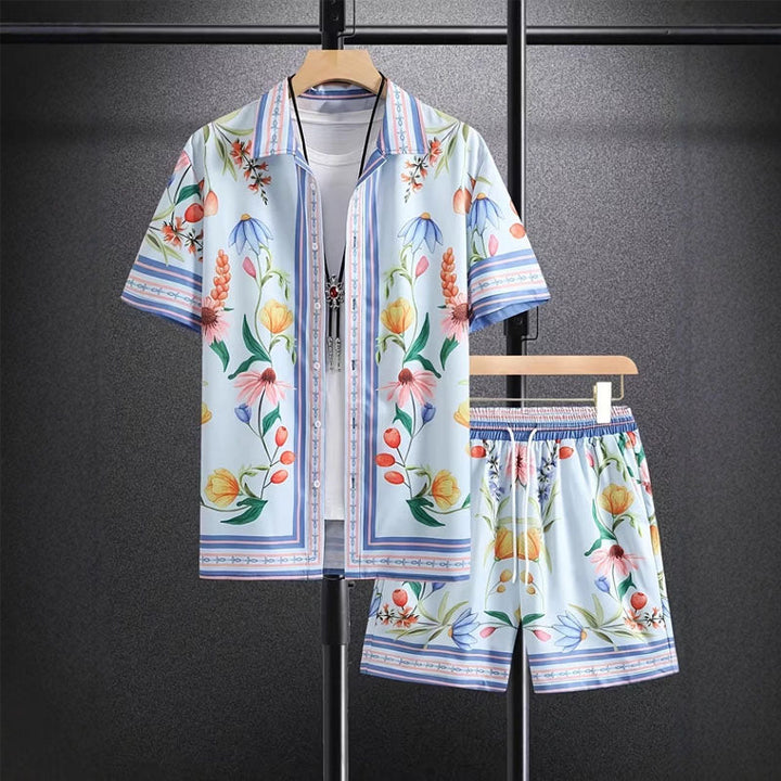 Men's Floral Print Cotton Shirt and Shorts Set - Summer